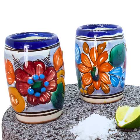 Talavera Shot Glasses - Set of 4 - 2 Oz (Flowers Barrel) - MEXTEQUIL: MEXICRAFT IMPORTS LLC