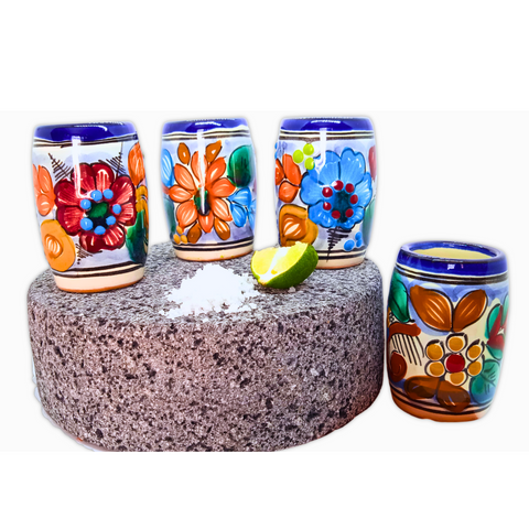 Talavera Shot Glasses - Set of 4 - 2 Oz (Flowers Barrel) - MEXTEQUIL: MEXICRAFT IMPORTS LLC