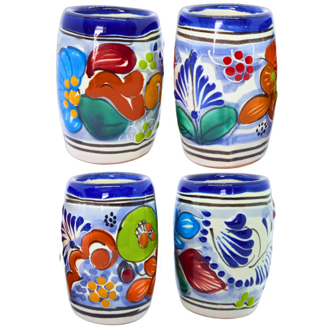 Talavera Shot Glasses - Set of 4 - 2 Oz (Flowers Barrel) - MEXTEQUIL: MEXICRAFT IMPORTS LLC