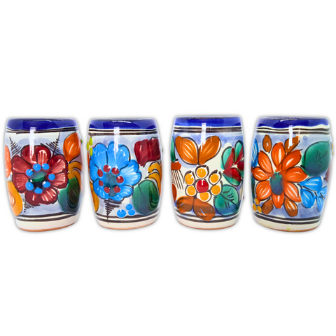 Talavera Shot Glasses - Set of 4 - 2 Oz (Flowers Barrel) - MEXTEQUIL: MEXICRAFT IMPORTS LLC