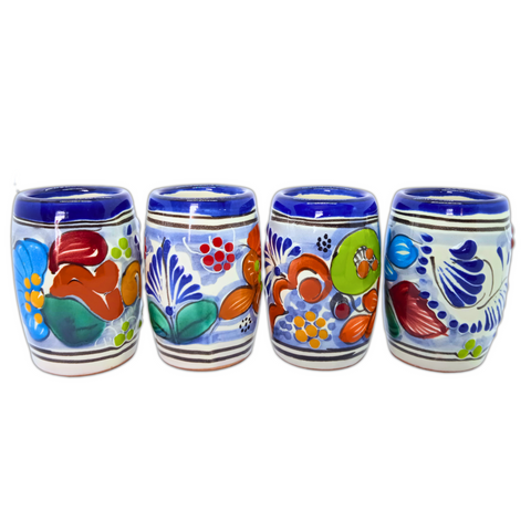 Talavera Shot Glasses - Set of 4 - 2 Oz (Flowers Barrel) - MEXTEQUIL: MEXICRAFT IMPORTS LLC