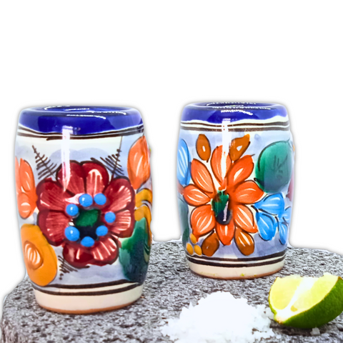 Talavera Shot Glasses - Set of 4 - 2 Oz (Flowers Barrel) - MEXTEQUIL: MEXICRAFT IMPORTS LLC