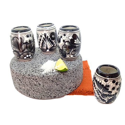 Talavera Shot Glasses - Set of 4 - 2 Oz (Black Barrel) - MEXTEQUIL: MEXICRAFT IMPORTS LLC