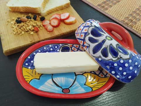 Butter Dish Ceramic Talavera with Lid Hand Painted (Red)