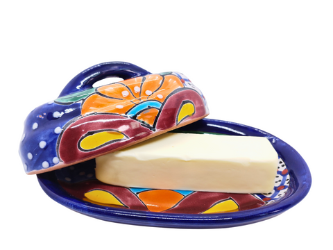 Butter Dish Ceramic Talavera with Lid Hand Painted (Blue) - MEXTEQUIL: MEXICRAFT IMPORTS LLC