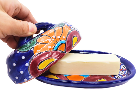 Butter Dish Ceramic Talavera with Lid Hand Painted (Blue) - MEXTEQUIL: MEXICRAFT IMPORTS LLC