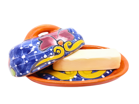 Butter Dish Ceramic Talavera with Lid Hand Painted (Orange) - MEXTEQUIL: MEXICRAFT IMPORTS LLC