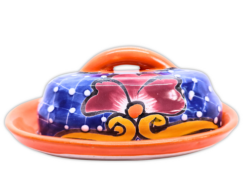 Butter Dish Ceramic Talavera with Lid Hand Painted (Orange) - MEXTEQUIL: MEXICRAFT IMPORTS LLC