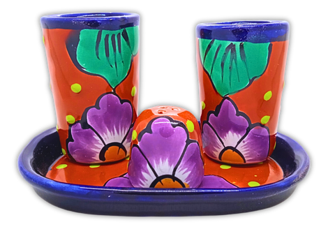 Talavera Set of 2 Shot Glasses, Salt & Tray - 2 Oz (Bugambilia) - MEXTEQUIL: MEXICRAFT IMPORTS LLC