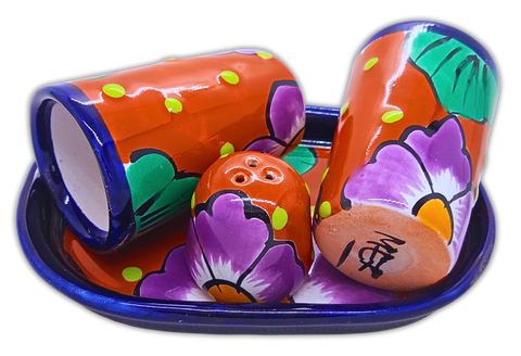 Talavera Set of 2 Shot Glasses, Salt & Tray - 2 Oz (Bugambilia) - MEXTEQUIL: MEXICRAFT IMPORTS LLC