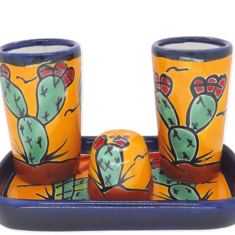 Talavera Set of 2 Shot Glasses, Salt & Tray - 2 Oz (Cactus) - MEXTEQUIL: MEXICRAFT IMPORTS LLC