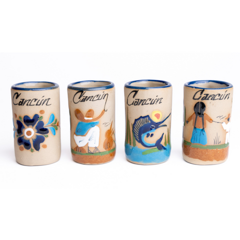 Ceramic Tequila Shot Glasses - Set of 4 - 2 Oz - Beach Collection (Cancun) - MEXTEQUIL: MEXICRAFT IMPORTS LLC