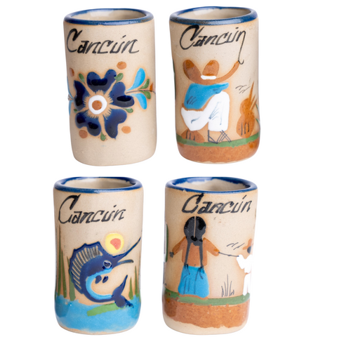 Ceramic Tequila Shot Glasses - Set of 4 - 2 Oz - Beach Collection (Cancun) - MEXTEQUIL: MEXICRAFT IMPORTS LLC