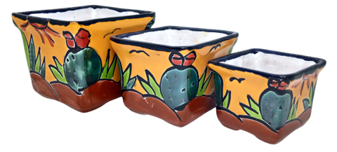 Talavera Hand-Painted Pottery Planters - Set of 3 (Cactus 2.8") - MEXTEQUIL: MEXICRAFT IMPORTS LLC