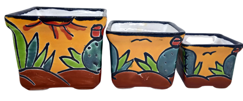 Talavera Hand-Painted Pottery Planters - Set of 3 (Cactus 2.8") - MEXTEQUIL: MEXICRAFT IMPORTS LLC