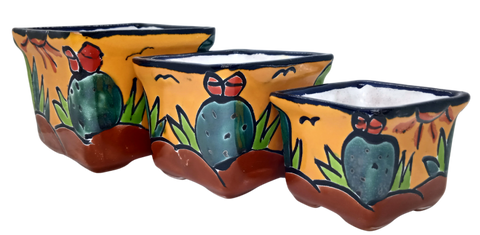 Talavera Hand-Painted Pottery Planters - Set of 3 (Cactus 2.8") - MEXTEQUIL: MEXICRAFT IMPORTS LLC