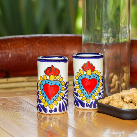 Hand-Painted Talavera Tequila Shot Glasses – Azure Heart | Set of 4 - MEXTEQUIL