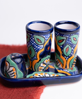 Talavera Set of 2 Shot Glasses, Salt & Tray - 2 Oz (Daisy Flower) - MEXTEQUIL: MEXICRAFT IMPORTS LLC