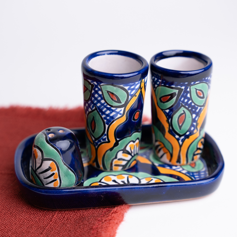 Talavera Set of 2 Shot Glasses, Salt & Tray - 2 Oz (Daisy Flower) - MEXTEQUIL: MEXICRAFT IMPORTS LLC