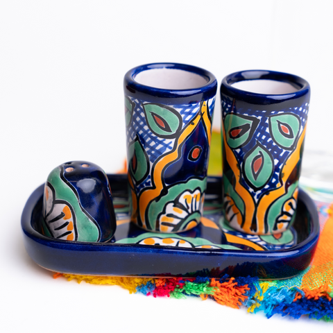 Talavera Set of 2 Shot Glasses, Salt & Tray - 2 Oz (Daisy Flower) - MEXTEQUIL: MEXICRAFT IMPORTS LLC