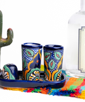 Talavera Set of 2 Shot Glasses, Salt & Tray - 2 Oz (Daisy Flower) - MEXTEQUIL: MEXICRAFT IMPORTS LLC