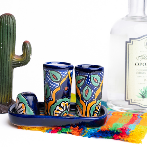 Talavera Set of 2 Shot Glasses, Salt & Tray - 2 Oz (Daisy Flower) - MEXTEQUIL: MEXICRAFT IMPORTS LLC