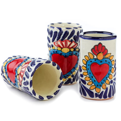Hand-Painted Talavera Tequila Shot Glasses – Azure Heart | Set of 4 - MEXTEQUIL