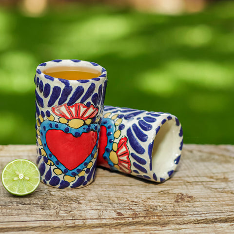 Hand-Painted Talavera Tequila Shot Glasses – Azure Heart | Set of 4 - MEXTEQUIL