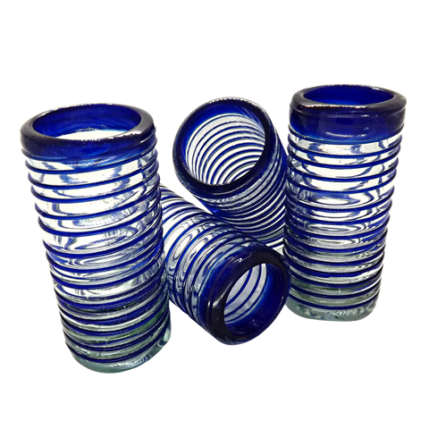 Hand Blown Shot Glasses - Set of 4 - 2 Oz (Cobalt Blue Spiral) - MEXTEQUIL: MEXICRAFT IMPORTS LLC