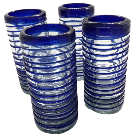 Hand Blown Shot Glasses - Set of 4 - 2 Oz (Cobalt Blue Spiral) - MEXTEQUIL: MEXICRAFT IMPORTS LLC