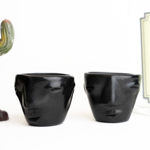 Black Clay Mexican Shot Glasses - Set of 4 - 2 Oz (Faces) - MEXTEQUIL: MEXICRAFT IMPORTS LLC