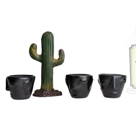 Black Clay Mexican Shot Glasses - Set of 4 - 2 Oz (Faces) - MEXTEQUIL: MEXICRAFT IMPORTS LLC