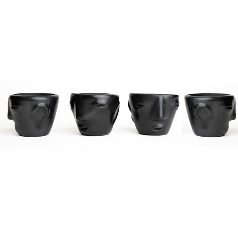 Black Clay Mexican Shot Glasses - Set of 4 - 2 Oz (Faces) - MEXTEQUIL: MEXICRAFT IMPORTS LLC