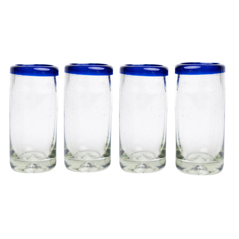 Hand Blown Shot Glasses - Set of 4 - 2 Oz (Cobalt Rim) - MEXTEQUIL: MEXICRAFT IMPORTS LLC