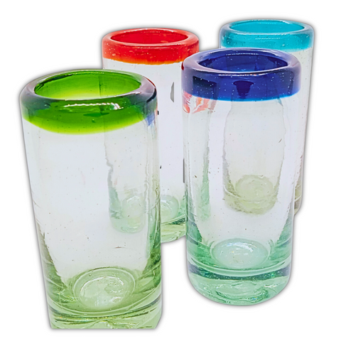 Hand Blown Shot Glasses - Set of 4 - 2 Oz (Colors Rim) - MEXTEQUIL: MEXICRAFT IMPORTS LLC