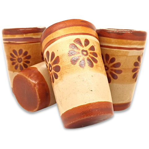 Terracotta Shot Glasses - Set of 4 - 2 Oz (Flowers) - MEXTEQUIL: MEXICRAFT IMPORTS LLC