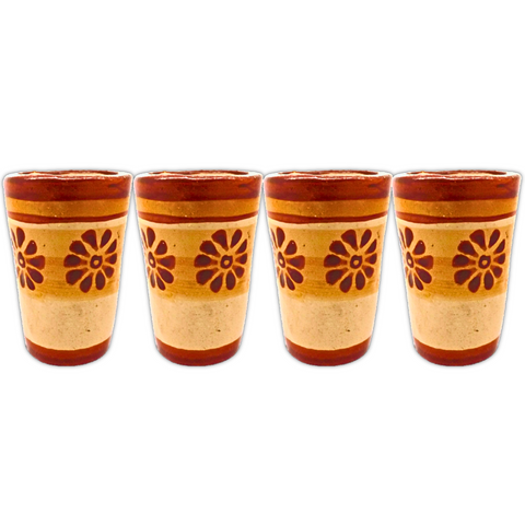 Terracotta Shot Glasses - Set of 4 - 2 Oz (Flowers) - MEXTEQUIL: MEXICRAFT IMPORTS LLC