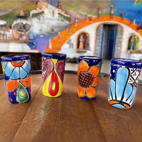 Talavera Shot Glasses - Set of 4 - 2 Oz (Flowers) - MEXTEQUIL: MEXICRAFT IMPORTS LLC