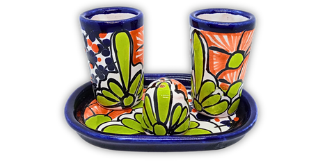 Talavera Set of 2 Shot Glasses, Salt & Tray - 2 Oz (Green Flower) - MEXTEQUIL: MEXICRAFT IMPORTS LLC