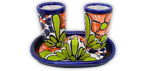 Talavera Set of 2 Shot Glasses, Salt & Tray - 2 Oz (Green Flower) - MEXTEQUIL: MEXICRAFT IMPORTS LLC