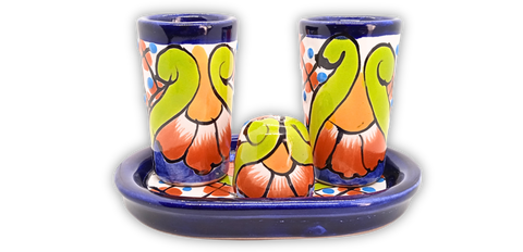 Talavera Set of 2 Shot Glasses, Salt & Tray - 2 Oz (Gerbera) - MEXTEQUIL: MEXICRAFT IMPORTS LLC