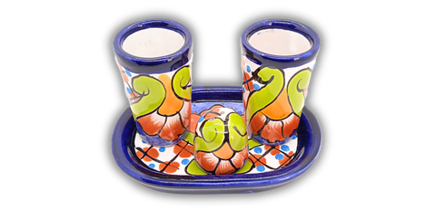 Talavera Set of 2 Shot Glasses, Salt & Tray - 2 Oz (Gerbera) - MEXTEQUIL: MEXICRAFT IMPORTS LLC