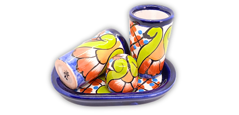 Talavera Set of 2 Shot Glasses, Salt & Tray - 2 Oz (Gerbera) - MEXTEQUIL: MEXICRAFT IMPORTS LLC