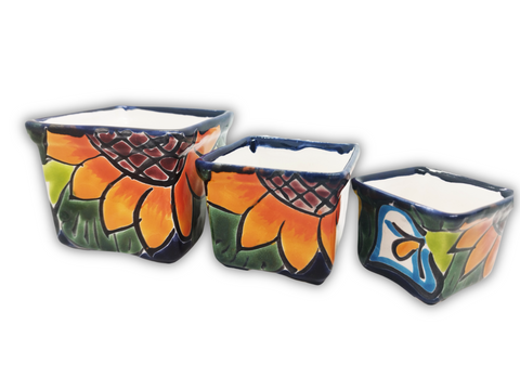 Talavera Hand-Painted Pottery Planters - Set of 3 (Sunflower - Alcatraz 2.8") - MEXTEQUIL: MEXICRAFT IMPORTS LLC