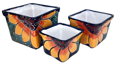 Talavera Hand-Painted Pottery Planters - Set of 3 (Sunflower 2.8") - MEXTEQUIL: MEXICRAFT IMPORTS LLC