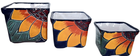 Talavera Hand-Painted Pottery Planters - Set of 3 (Sunflower 2.8") - MEXTEQUIL: MEXICRAFT IMPORTS LLC