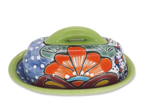 Butter Dish Ceramic Talavera with Lid Hand Painted (Green) - MEXTEQUIL: MEXICRAFT IMPORTS LLC