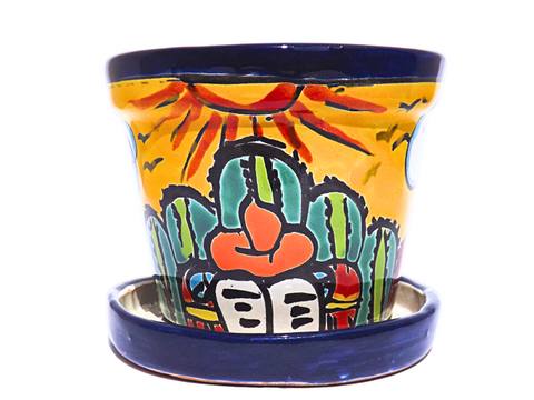 MEXTEQUIL - Talavera Mexican Pottery Planters with Saucer 4" Rancherito - Cactus - Sun Pot Hand Painted Ceramic Plant Pot Planter Indoor Outdoor (Rancherito) - MEXTEQUIL: MEXICRAFT IMPORTS LLC