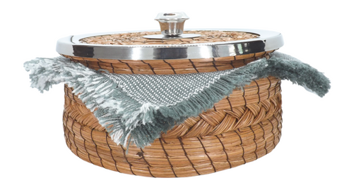 Tortilla Warmer Basket Pine Needle Handwoven with Handloomed Cloth (Metal Rim) - MEXTEQUIL: MEXICRAFT IMPORTS LLC