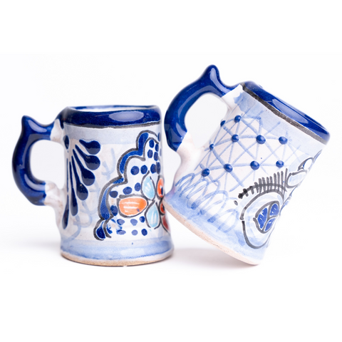 Talavera Shot Glasses - Set of 4 - 2 Oz (Blue/Flowers w/Handle) - MEXTEQUIL: MEXICRAFT IMPORTS LLC